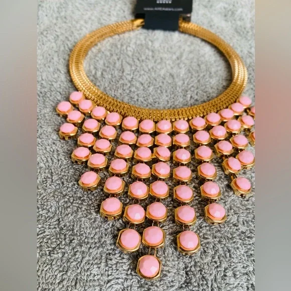 AREA Pink and Gold Bib Necklace — Layered Statement Collar - Picture 2 of 4